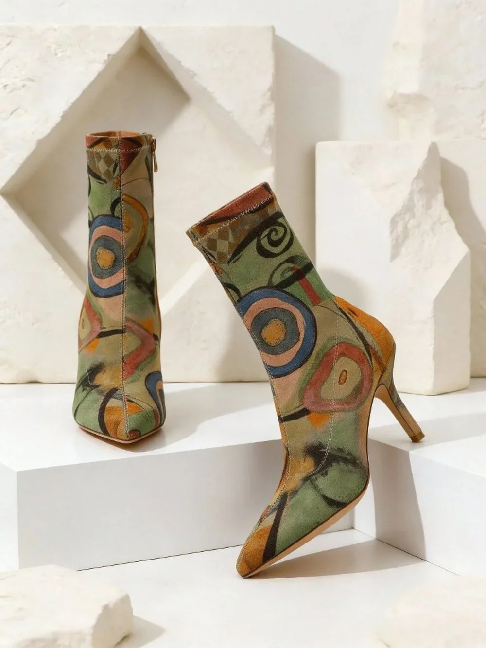 Multicolor Vintage Women's All Over Print Stiletto Slip On Stretch Boots